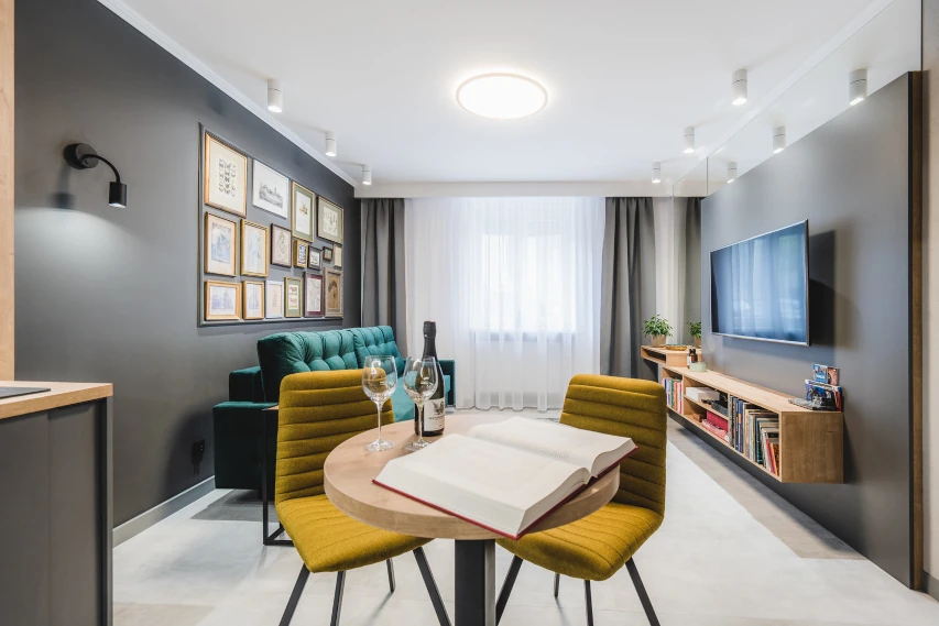Widok na cały salon i kuchnię w apartamencie w Toruniu