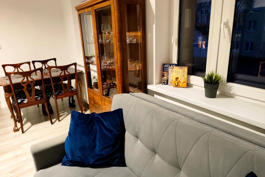 Przeszklona, stylowa szafka w apartamencie