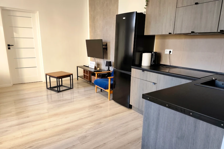 Widok na nowoczesną kuchnię w apartamencie